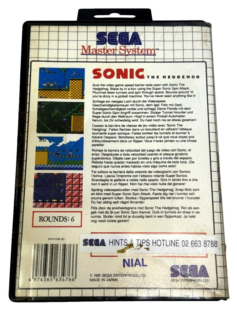 Sonic The Hedgehog Sega Master System *No Manual*