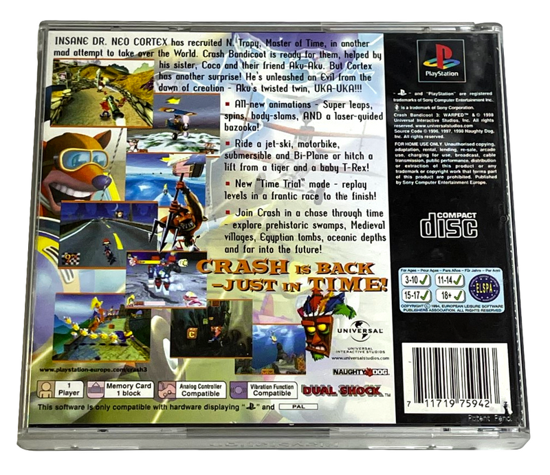 Crash Bandicoot 3 Warped PS1 PS2 PS3 PAL *Complete* (Preowned)