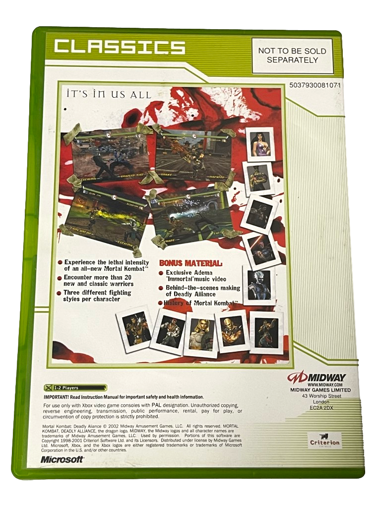 Mortal Kombat Deadly Alliance Xbox Original PAL (Classics) *No Manual* (Pre-Owned)