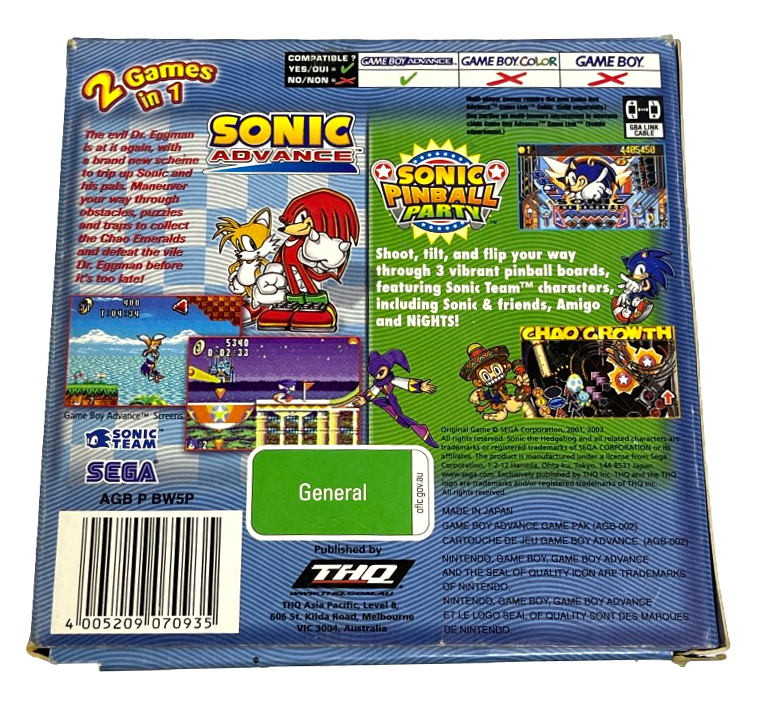 Sonic Advance + Sonic Pinball Party Nintendo Gameboy Advance GBA Complete* Boxed (Preowned)